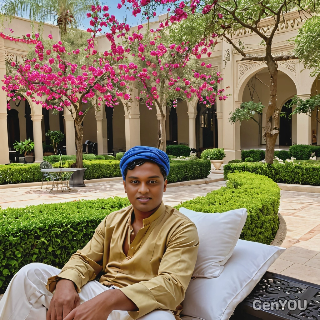 relaxing in a luxury hotel courtyard, surrounded by blooming trees 