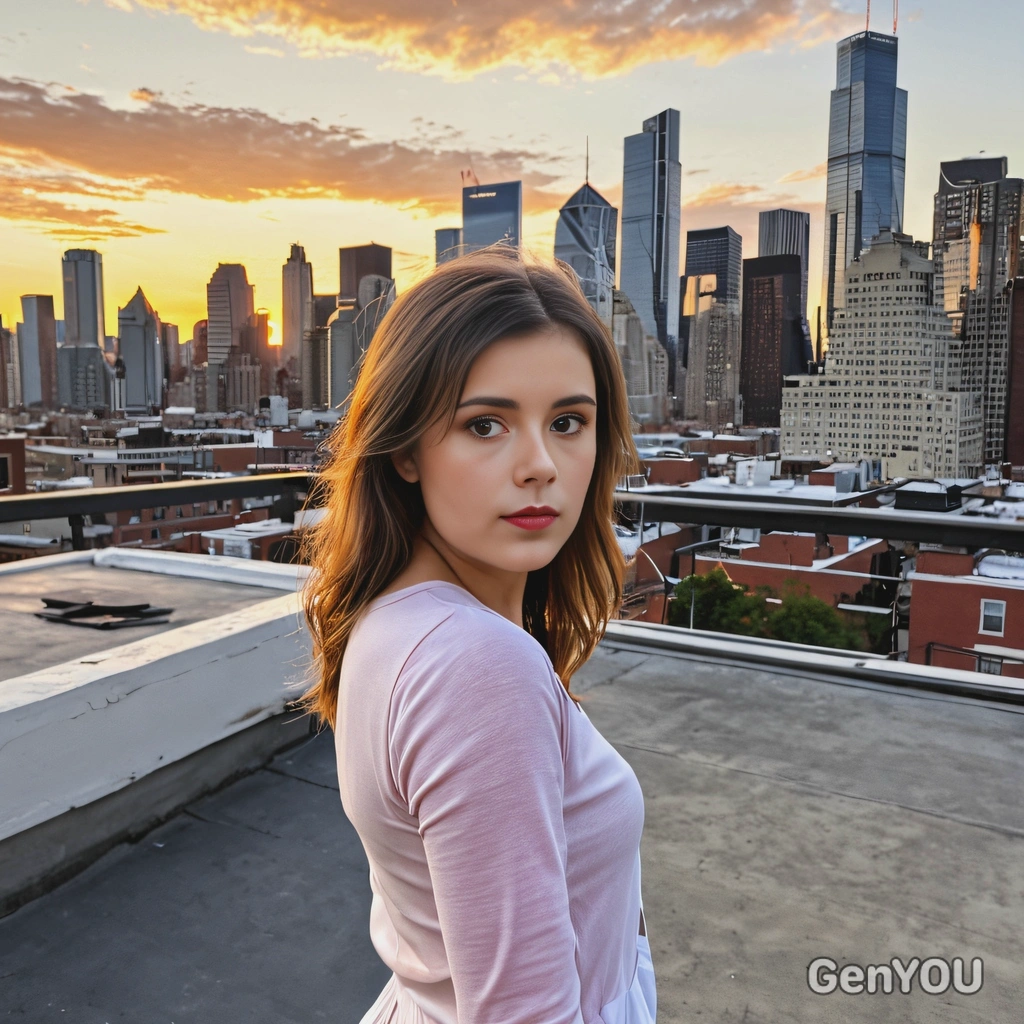 standing on a rooftop at sunset, the city skyline glowing in the background