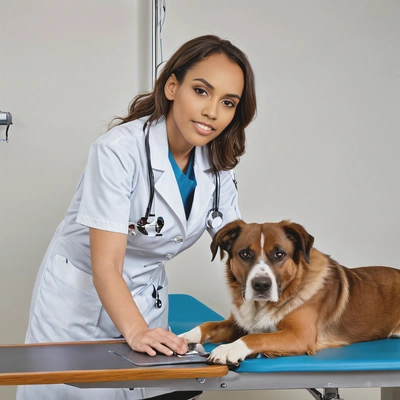 Veterinarian, comforting a dog on an examination table