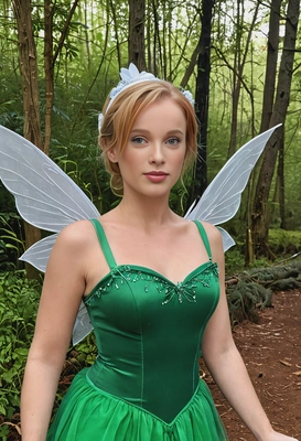 As TinkerBell, wearing a green dress with fairy wings, standing on an enchanted forest