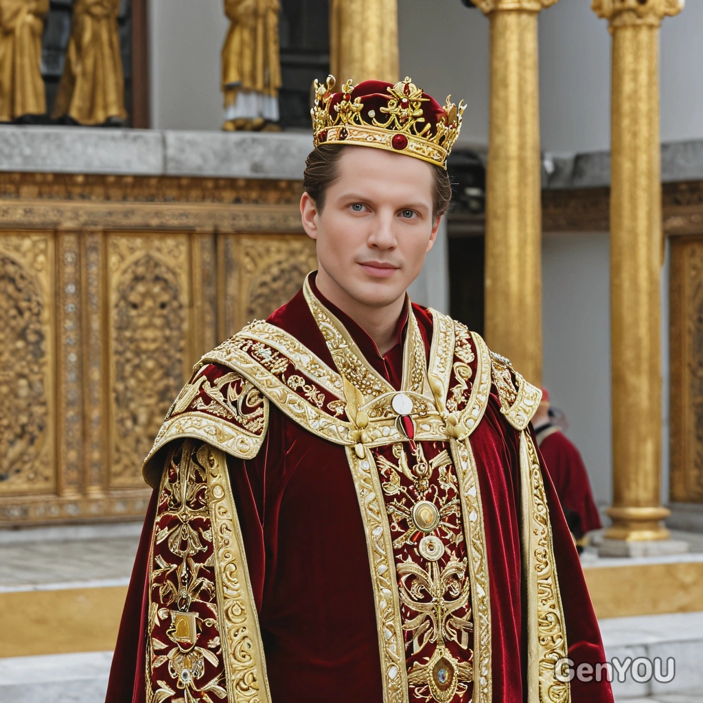 A king dressed in ceremonial robes of crimson velvet and gold