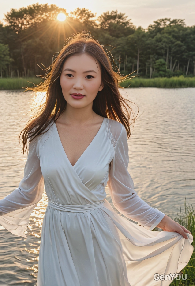 a woman in a flowing white dress standing by a lake at sunset, her hair blowing gently in the wind, half body portrait 