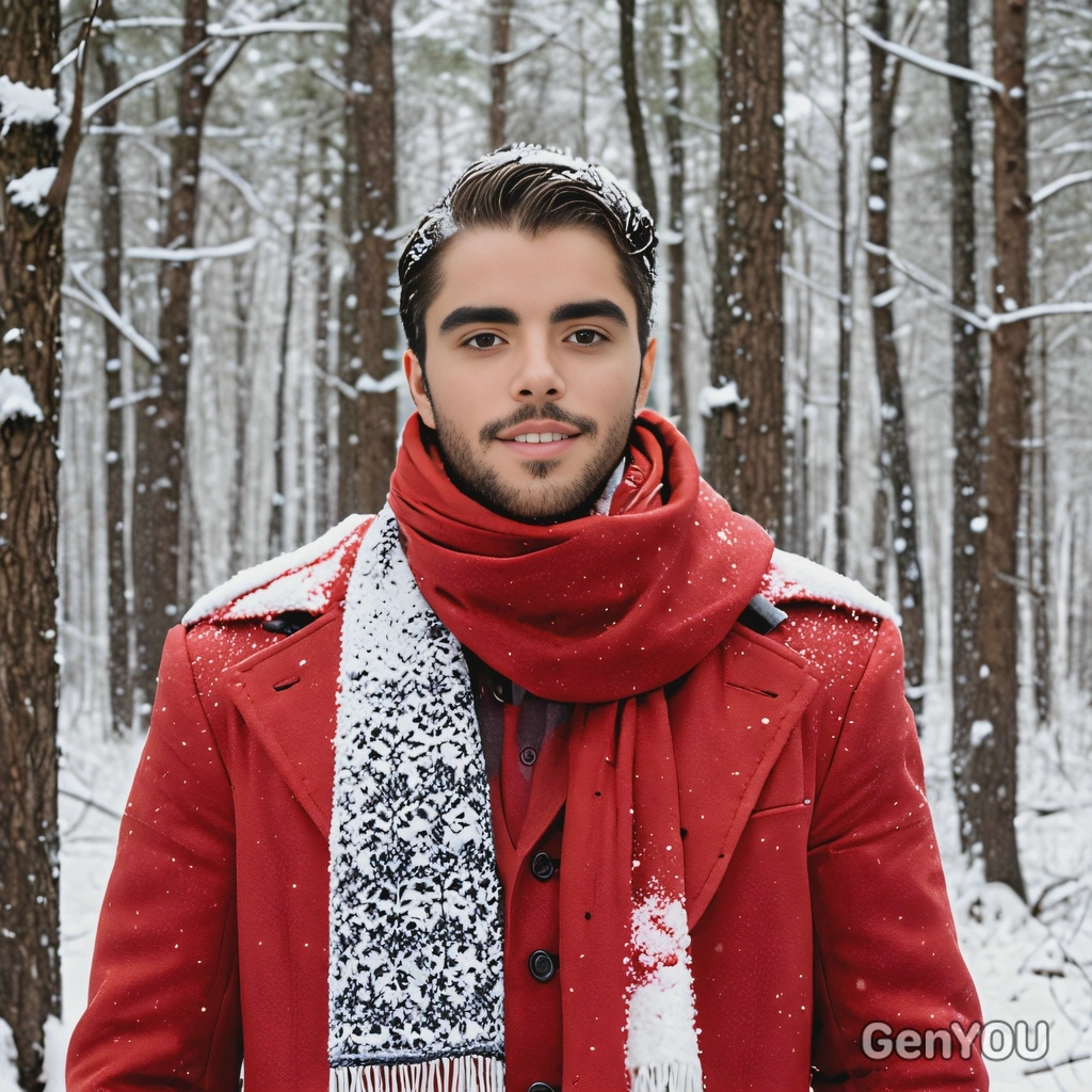 in a snow-covered forest, wearing a long red coat and matching scarf, with snow gently falling around