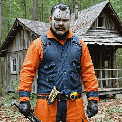 Cool headshot in a chainsaw-wielding maniac costume, standing in front of a decrepit cabin in the woods