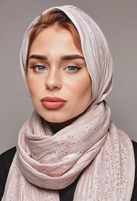 with flawless, radiant skin, highlighting a dewy and fresh complexion achieved with skincare-infused makeup, happy, looking up, scarf