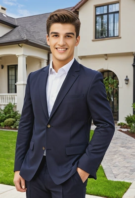 as a real estate agent in a polished blazer and dress pants, standing in front of a luxury property with a 'For Sale' sign, holding a portfolio and smiling confidently