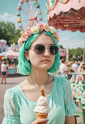 with an ice cream at amusement park, pastel colors, blurred background, sunglasses, green hair, flower crown, artistic photo