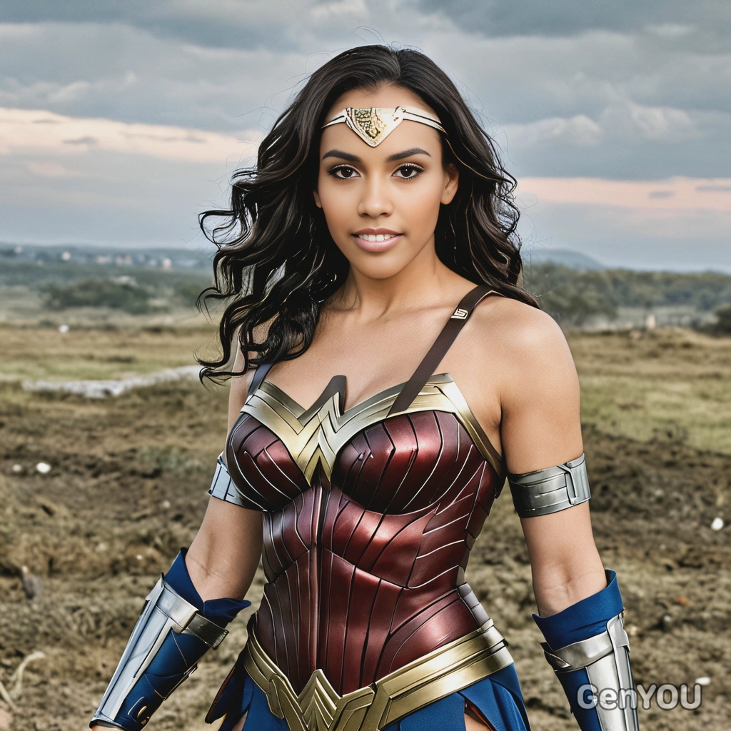 as Wonder Woman, in her warrior armor, standing on a battlefield