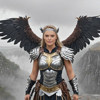 As a warrior Valkyrie, dressed in a metallic breastplate and feathered wings, standing on a cliff overlooking a misty battlefield