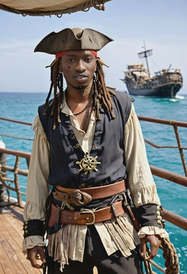 as Jack Sparrow from Pirates of the Caribbean, dressed in his tattered pirate outfit with a tricorn hat and compass, standing on the deck of a ship with the sea raging around