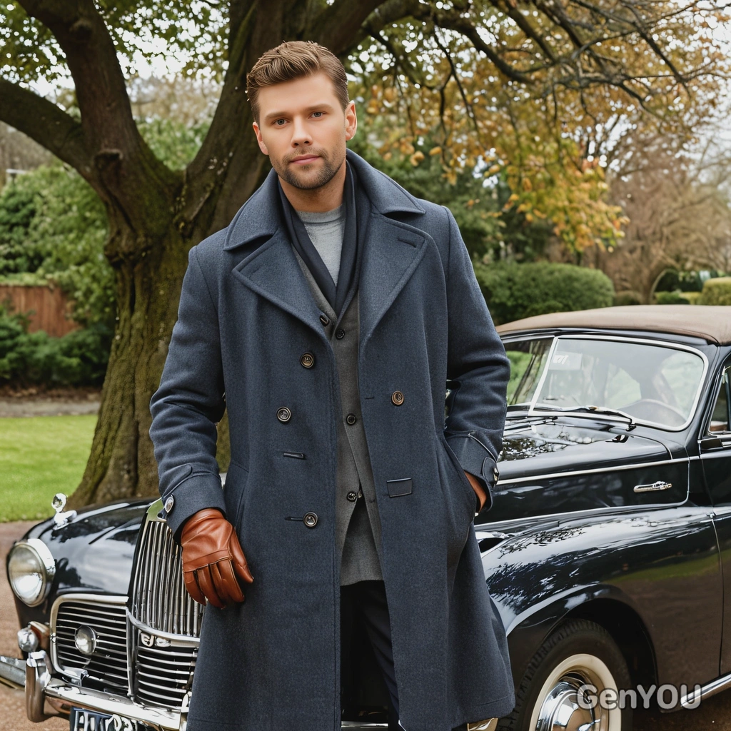 as a man, posing against a vintage car parked on a tree-lined driveway, wearing a tailored overcoat and leather gloves, with a look of quiet confidence