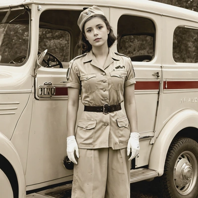 in a 1940s military nurse outfit, standing by a vintage ambulance, captured in soft sepia tones