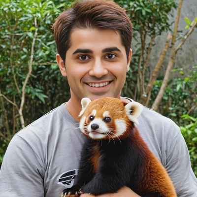 brunette, with a cute red panda in Asia