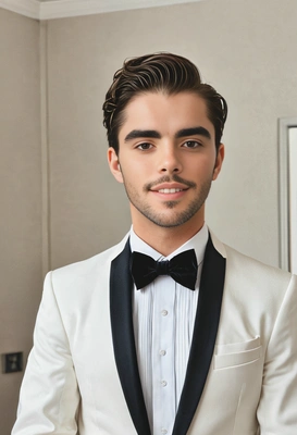 wearing a tailored tuxedo with a velvet bow tie, clean modern room background