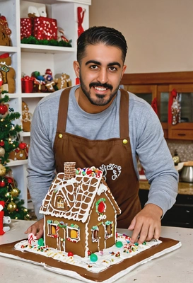 excitedly decorating a gingerbread house