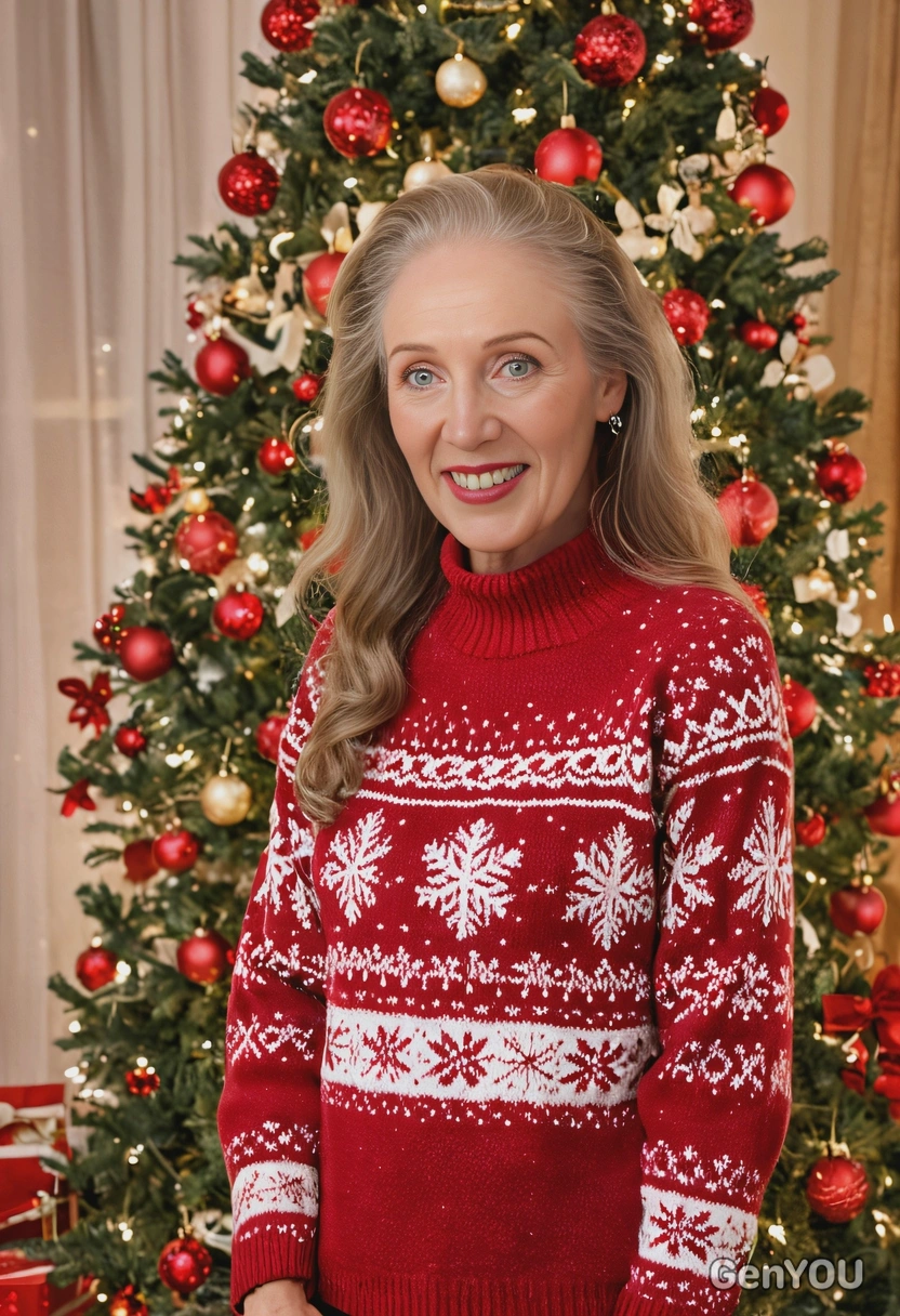 wearing a cozy red sweater with snowflake patterns, standing in front of a beautifully decorated Christmas tree with twinkling lights and wrapped presents underneath, close up photo