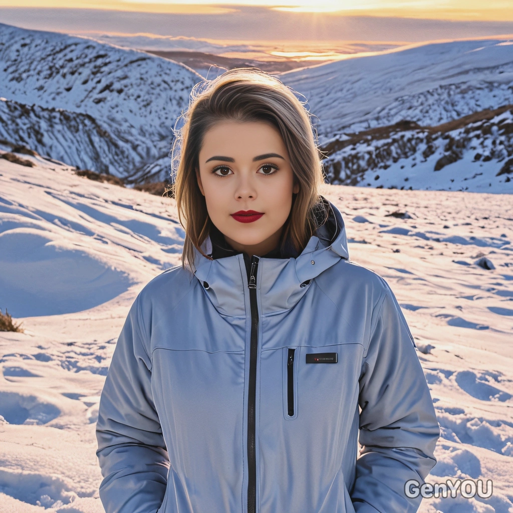 in a thermal jacket, standing on a snowy hill at sunrise