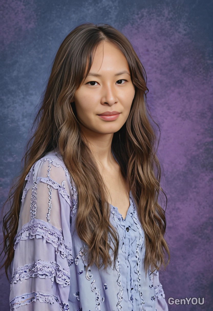 student with long wavy hair, in a lilac boho chic blouse, with a dreamy look, blue yearbook background 