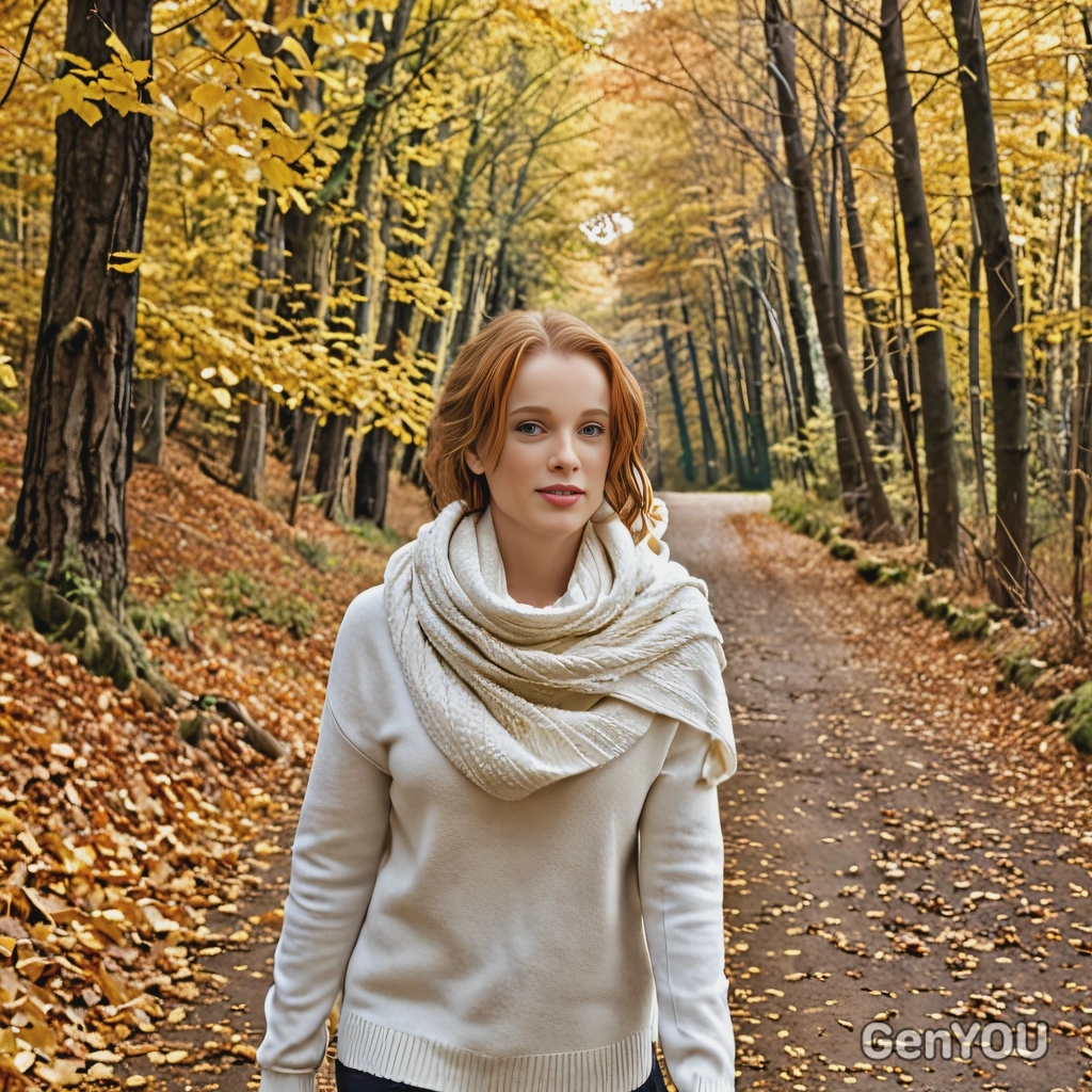 as a woman in a soft cashmere sweater, walking through a forest path in autumn, with a light scarf blowing in the breeze, surrounded by golden leaves, half body 