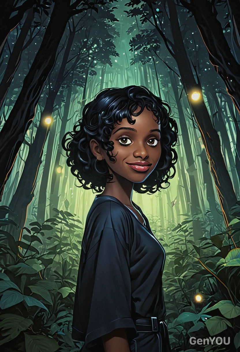 exploring a mystical forest with glowing flora, anime style, big eyes, manga drawing