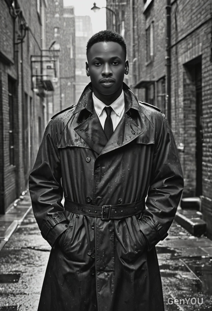 in a 1950s detective trench coat, standing in a rainy alleyway, with a black and white effect