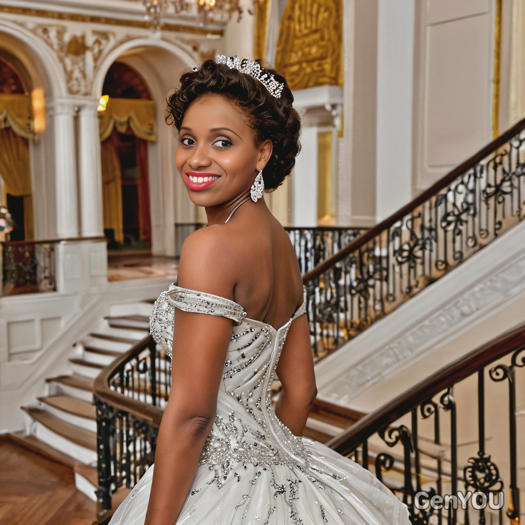 as a woman in an elegant ball gown, standing at the top of a grand staircase in an opulent ballroom, looking down with a soft smile