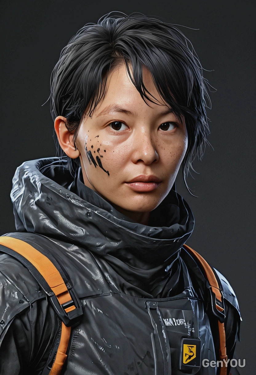 as a character from Death Stranding, walking with a delivery, high-quality stylized art, visible brushstrokes, eyes on you, cartoonish style
