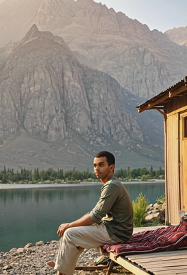 relaxing by a lakeside cabin, as the sun sets behind the mountains