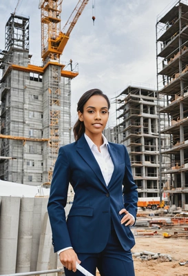 as an architect in a stylish suit with rolled-up blueprints under the arm, standing on a construction site with cranes and scaffolding, overseeing the building of a skyscraper