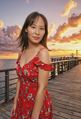 in a red summer dress on a pier at sunset, against the vibrant sky, facing the camera, mid-shot portrait