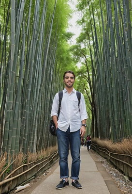 As a tourist standing by Arashiyama Bamboo Grove, full body view