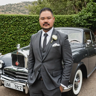 As a groom in a charcoal grey three-piece suit, posing next to a vintage car at a classic Hollywood-style wedding