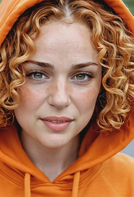 sharp skin texture details, wearing orange hoodie, small curls waist-length ginger hair, hair covering half of the face, covers her cheeks with a hood, park on the background