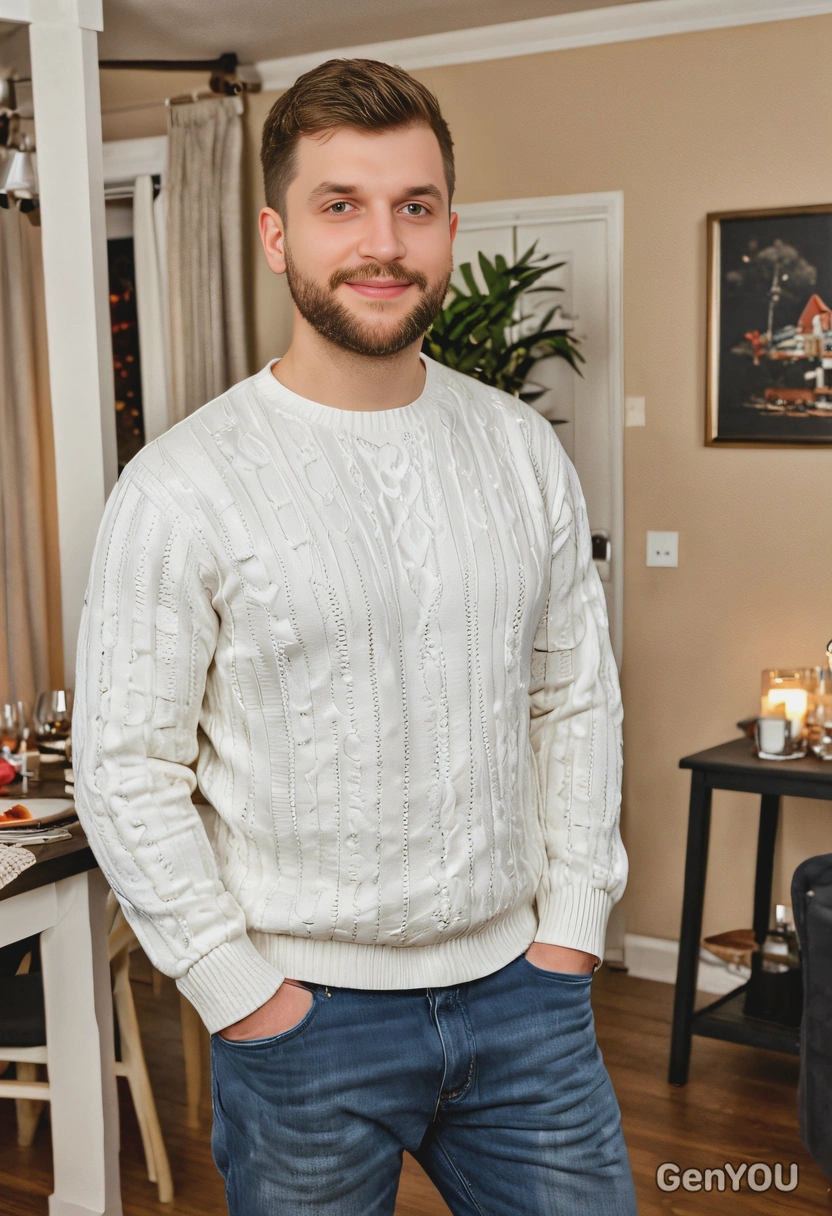 dressed in casual clothes, at a cozy house party