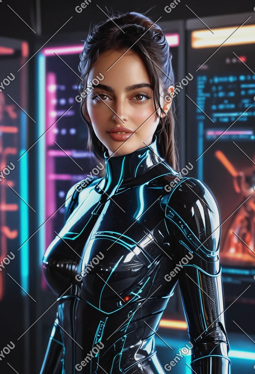 wearing a sexy android suit standing in a digital world inside of neon server, half-body shot, high-quality image, bokeh effect reflecting on body, eyes on viewer