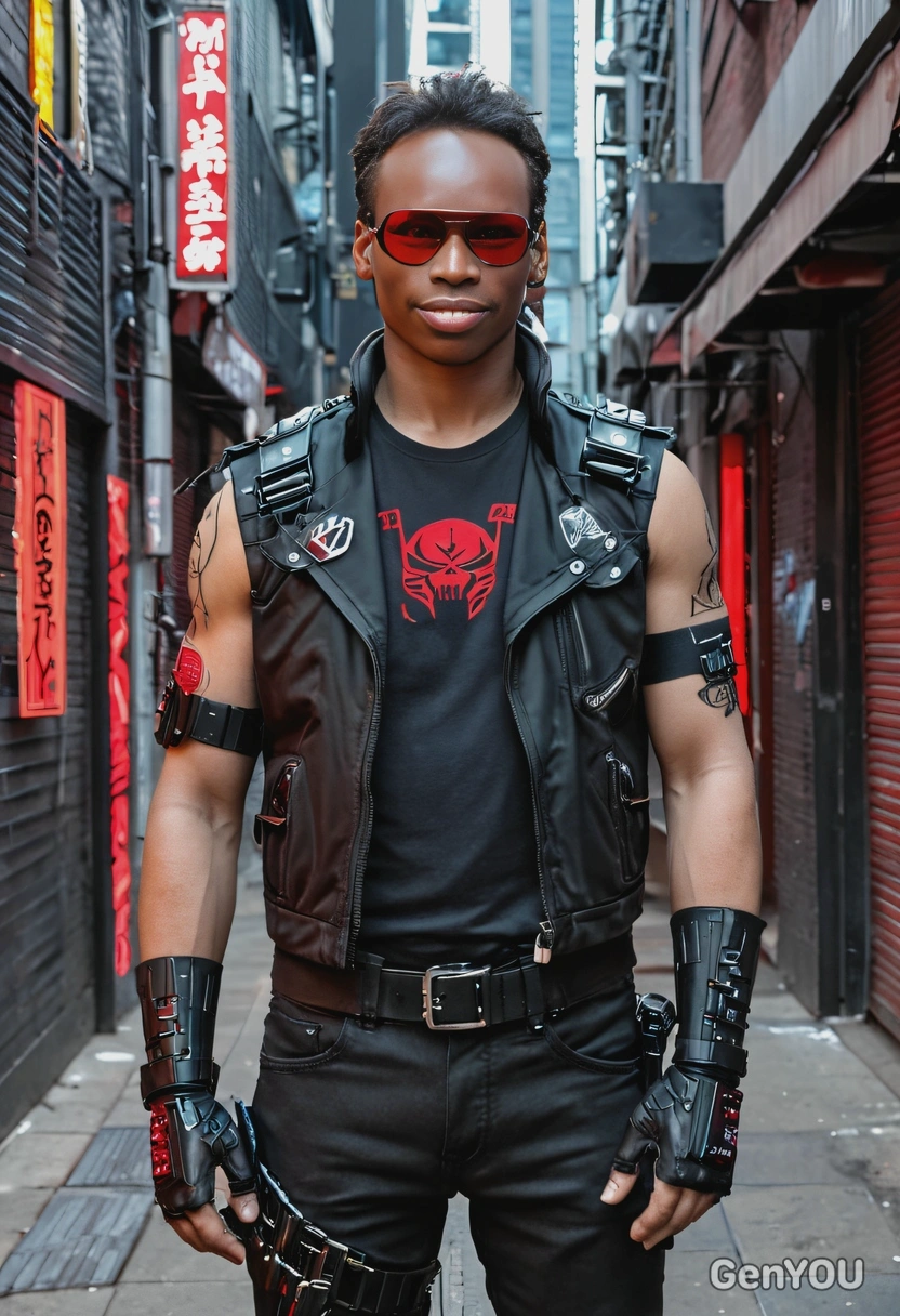 as Johnny Silverhand from Cyberpunk 2077, wearing his signature black vest with a red Samurai logo, aviator sunglasses, and a cybernetic arm, standing in a neon-lit alleyway