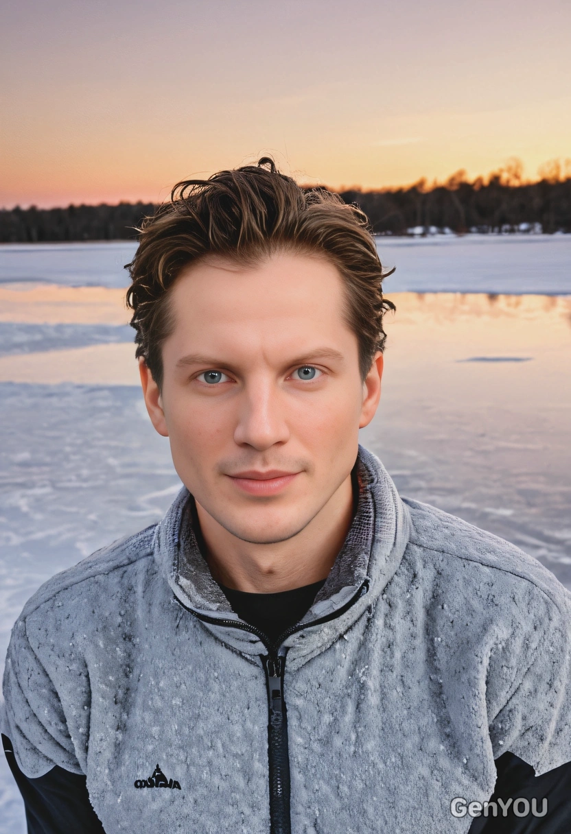 mid-shot, on a frozen lake at sunset, looking at viewer 