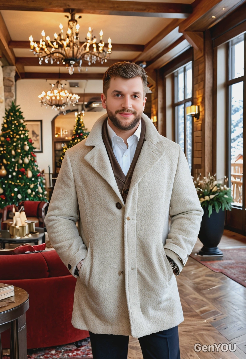 standing in a luxury ski lodge lobby, wearing a tailored coat, surrounded by opulent holiday decor