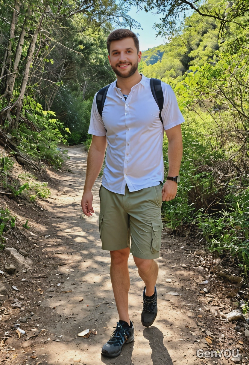 as a man, enjoying a scenic hike on a sun-drenched trail, wearing a lightweight shirt and hiking shorts
