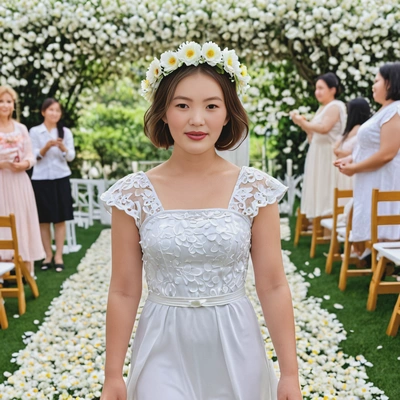 as a flower woman in a cute white dress with a flower crown, scattering petals along the aisle