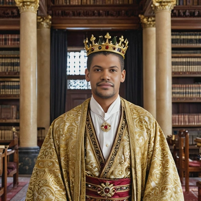 a king in a traditional robe and crown, standing in a vast royal library , half body portrait 