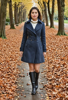 wearing a stylish coat and boots, walking along a tree-lined path covered in fallen leaves