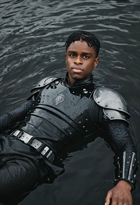blurry background, professional photoshoot, laying in black waters, knight, modelling