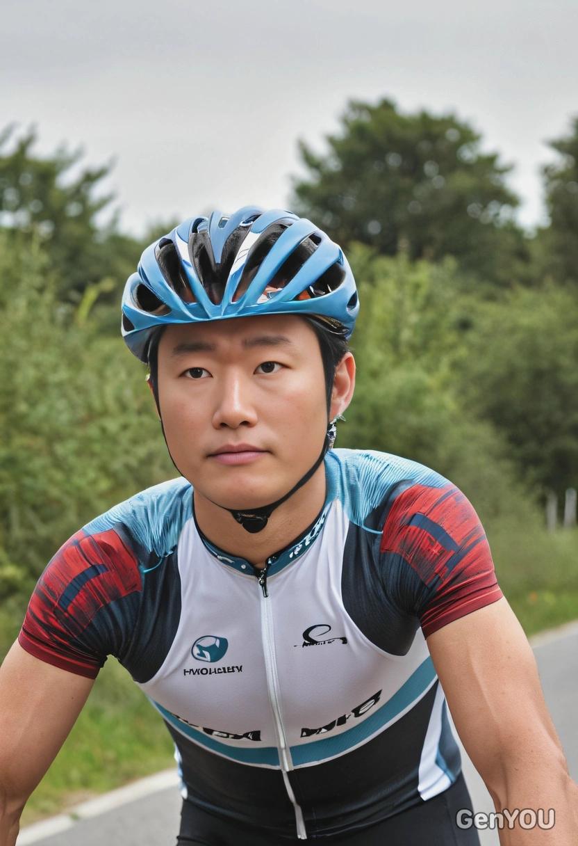 as a road cyclist, half-body photo, blurry background, in motion