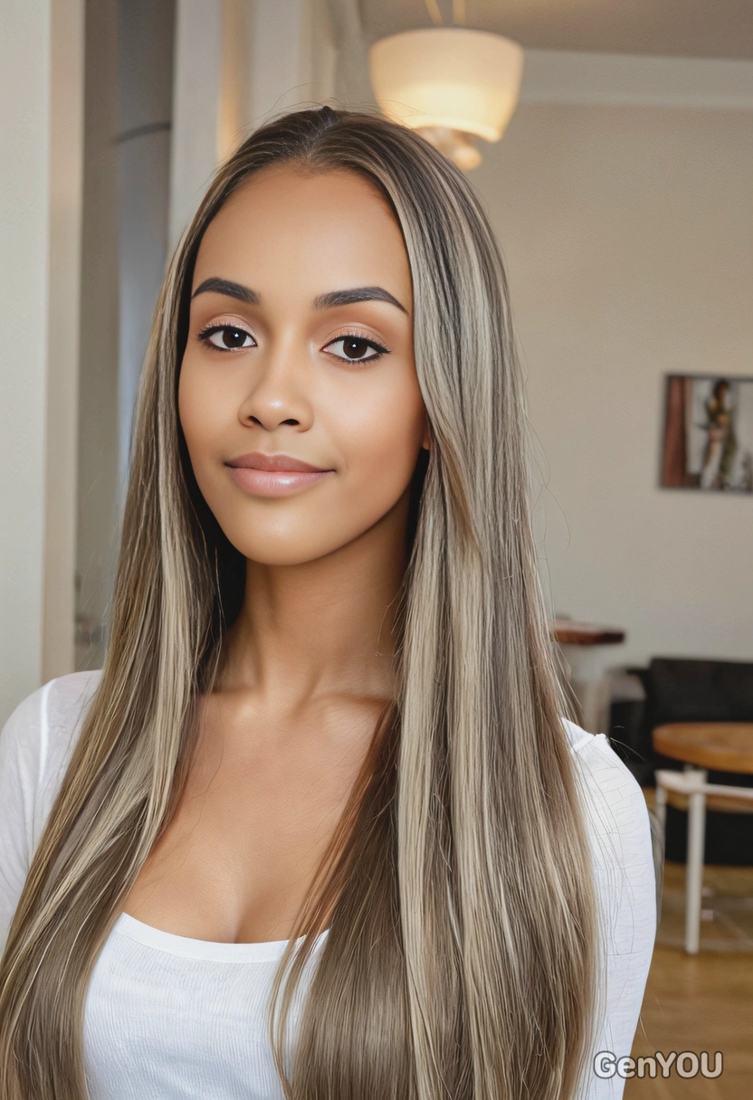 long, silky straight hair with ash blonde streaks and a center part, soft focus, blurred background