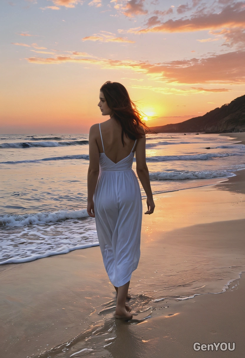 as a dreaming woman, walking along a secluded beach at sunset