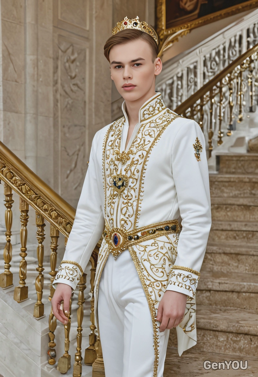 A prince standing by a grand marble staircase, costume embroidered with gold thread and precious gems
