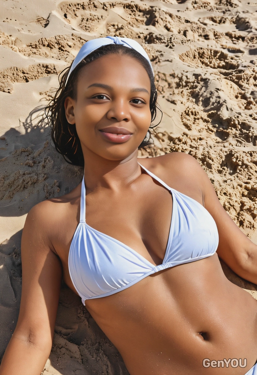 in a white bikini sunbathes on a secluded sandy beach, her skin glistening under the sun