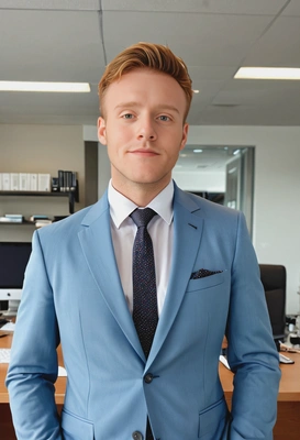 sitting at the office desk, hands in the pockets, sky blue neat business suit, serious look, mid-body photo, blurry open-space office background, sharp skin texture details, soft lighting