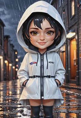 Chibi 3D cartoon style, female character with large hazel eyes, short black hair, wearing a raincoat, standing in a glowing rainy street background with reflective puddles, waist-up portrait